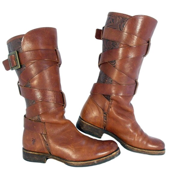 FRYE Veronica RARE Floral Hand-Tooled Embossed Leather Strappy Boots Women's 8 - Picture 1 of 13
